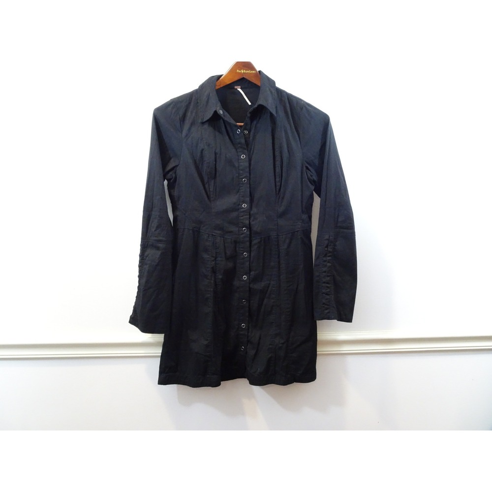 Free People Black Long Sleeve Button Down Mini Dress Stretch Cotton Size S Goth